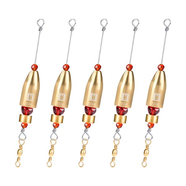 Booms Fishing CRR Carolina Ready Rigs for Bass Fishing Saltwater, 5pcs Brass Pre Rigged Carolina Rigs Kit, Fishing Weights Bullet Weights Carolina Keeper, 1/2oz Brass