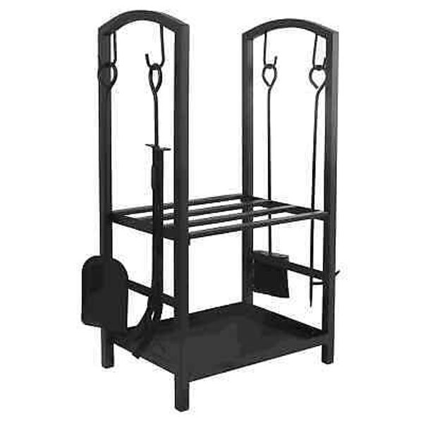 Firewood Rack with Fireplace Tools Set H-Shaped 2 Layer Storage Indoor Outdoor