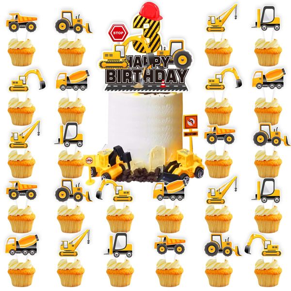 25pcs Construction 3rd Birthday Party Supplies, Dump Truck Excavator Crane Cupcake Toppers Decoration, Construction Theme Happy Birthday Cupcake Toppers Baby Shower Kids Boy Decorations (3rd)