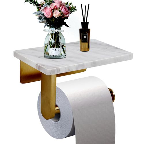 Toilet Paper Holder with Natural Marble Shelf for Bathroom Washroom,Wall Mounted Tissue Holder Suitable for Mega Roll (Brushed Gold, Small 6.7 * 4.3 in)