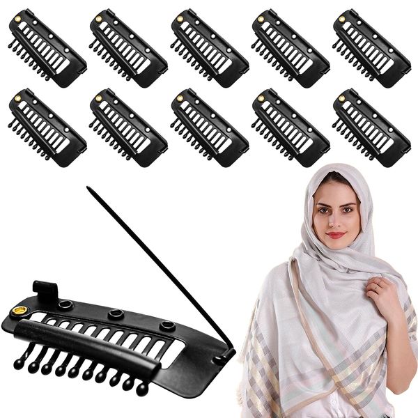 xinrongda 10Stücke Chunni Dupatta Clips mit Sicherheitsnadel,Perücken Clips U-Form Metall Snap Clips,Perückenclip,10-Zähne Kämme Clips mit Gummi,U-Förmige Metallclips mit Kopftuch und Hemd (Schwarz)