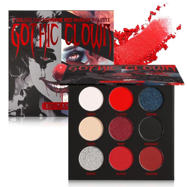 Afflano Black Red Eyeshadow Palette Goth Clown Halloween Makeup, White Silver Glitter Metallic Red Black Eyeshadow Palette Highly Pigmented, Joker Zombie Christmas True Red Smoky Eye Makeup