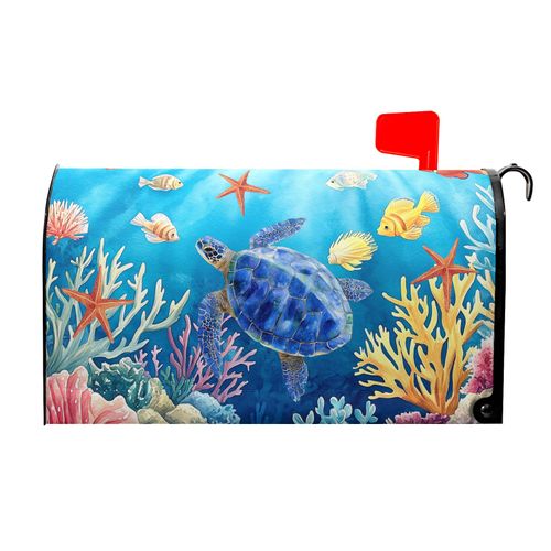 Evlaschin Sea Turtle Mailbox Cover Magnetic 21x18 Inch- Summer Ocean Blue Tortoise Starfish Coral Mailbox Wrap Post Cover Standard Size for Garden Yard Outdoor Outside Seasonal Decor
