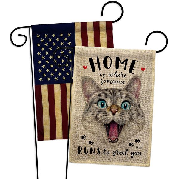 Angeleno Heritage Runs to Greet Burlap Garden Flag Pack Cat Kitten Meow Spoiled Paw Fur Pet Nature Farm Animal Creature Vintage Applique House Banner Small Yard Gift Double-Sided, Made in USA