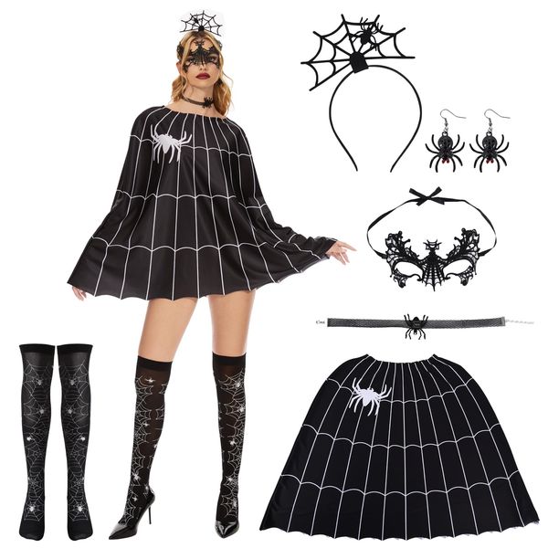 Herenear Halloween Kostüm Spinne, 6 Stück Spinne Kostüm Damen, Spinne Maske, Spinne Haarreifen, Spinnennetz Poncho, Halloween Kostüm Set für Karneval Party Dress Up Erwachsene