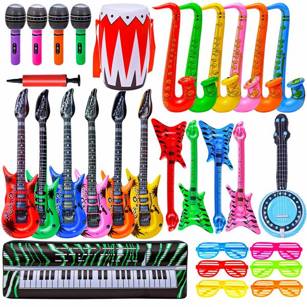 Max Fun Inflatable Rock Star Toy Set, 30 PCS 80s 90s Party Decorations Inflatable Party Props Musical Instrument Blow up Guitar Inflate Rock Band for Carnival Party Favors Rock and Roll Party Supplies