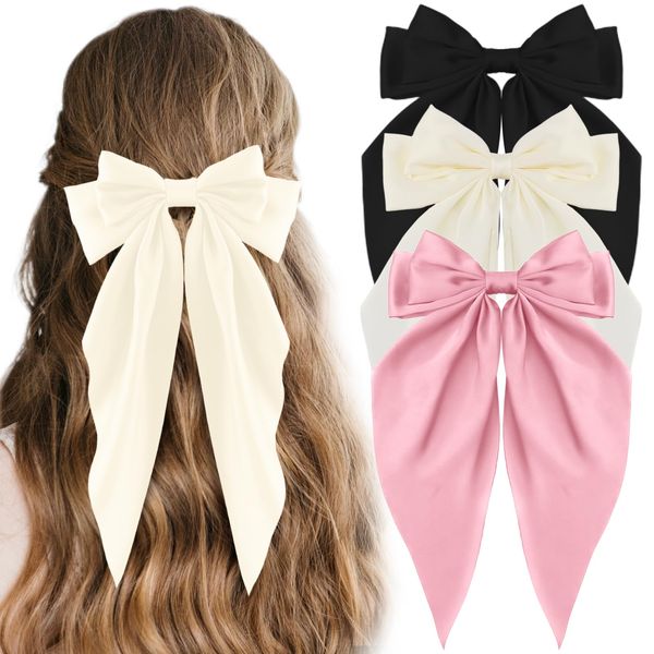 CAVETEE 3 Pcs Big Hair Bows for Women, Silky Satin Hair Bows Accessories Hair Ribbons Oversized Long Tail Hairbows Bow Hair Clips for Woman and Girls (Black/Beige/Pink)