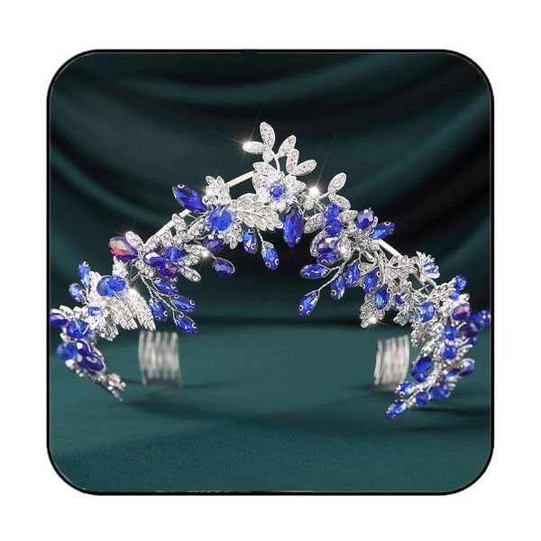 Gortin Rhinestones Wedding Crown Silver Bridal Tiara and Crown Blue Crystal Baroque Headband Flower Headpiece Wedding Headwear Hair Accessories for Women