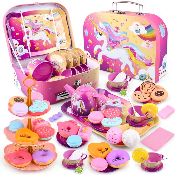 Auney Tea Party Set Toys for Girls, Tin Unicorn Tea Set Pretend Play Girls Toys Gifts for Little Girls Age 3-6, Kids Girls Toys Gifts for Tea Party Including Tea Set Carrying Case (New Unicorn)