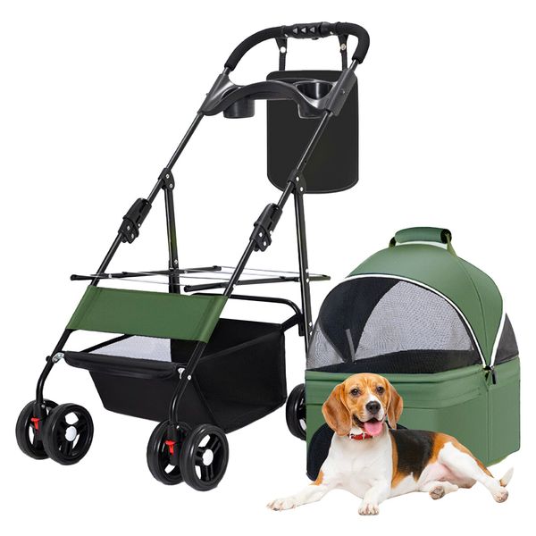 Foldable Pet Stroller Travel Carriage 4 Wheel Cart Cup Holder Detachable handbag