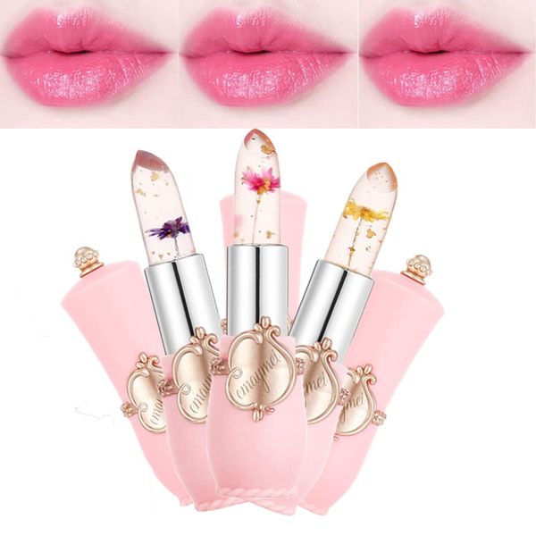 Pakivs 3Pcs Crystal Flower Jelly Lipstick Set,Magic Temperature Color Change Lip Gloss Long Lasting Clear Nutritious Moisturizer Lip Balm (Pink)