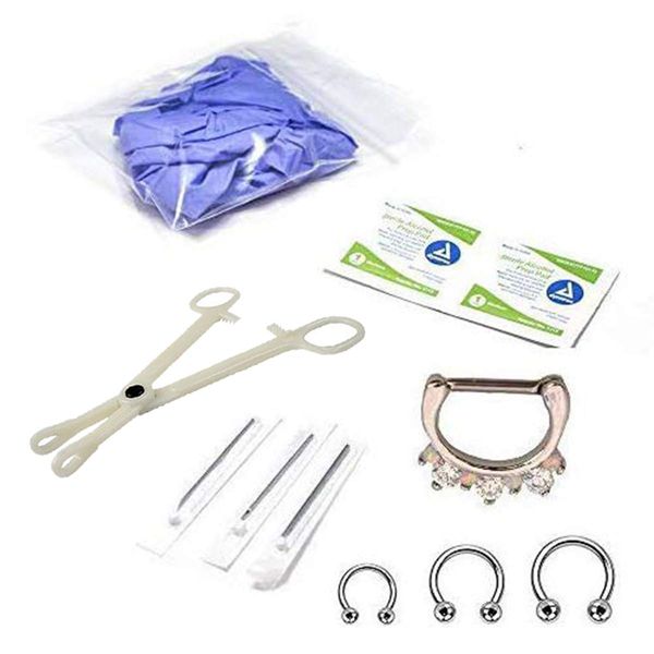 10-Pcs Septum Piercing Kit - Horseshoe Circular, Septum, Needle, Forceps, Gloves