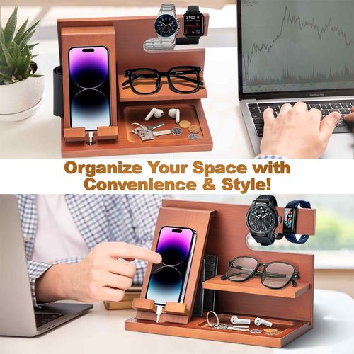 Birthday Gifts for Men who have everything Dad Gifts Wood Phone Docking Station for Men Bedside Table Organiser for Him Gifts for Dad Mens Gifts for Husband Presents for Men Bedside Gadget Organiser