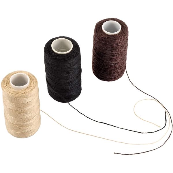 3 Rolls Cotton Sewing Thread Hair Weaving Thread Making Wig Hair Extension Hair Salon Weft Thread Black Brown Beige Thread with 3 Curved Needles (Mixed Colors /3Pcs)