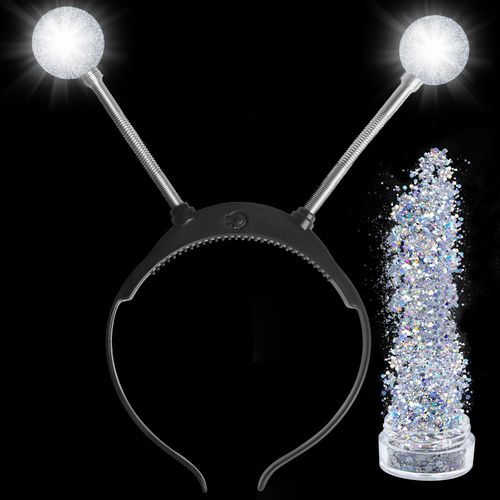 Light Up Alien Headband - Halloween Alien Headband Martian Headband Led Headband Martian Antenna Ball with Face Glitter (Silver)