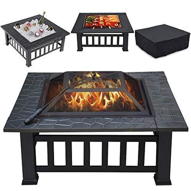 Multifunctional Fire Pit Table 32in Square Metal Firepit Stove Backyard Patio Garden Fireplace