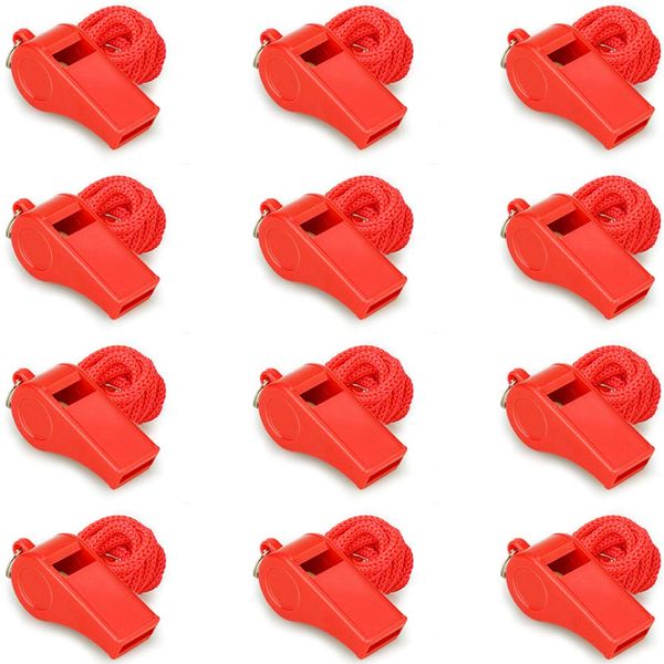 Hipat Whistle,12PCS Red Plastic Whistles with Lanyard, Loud Crisp Sound Whistles Bulk Ideal for Coaches, Referees, and Officials (Red(12PCS))