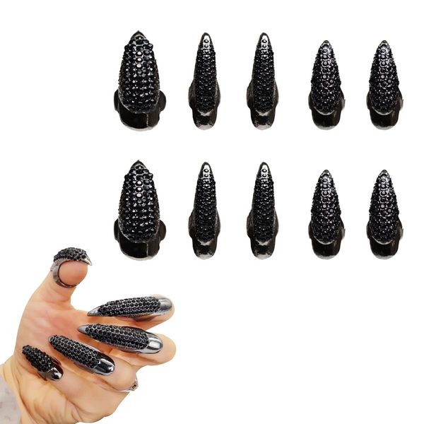 10 PCS Halloween Costume Claws Fake Nails Ring Set, Gothic Punk 3 Sizes Crystal Full Finger Rings Paved Paw Bend Fingertip Fingernail Claw Girls Women Men Ring False Easy Long Nails Black