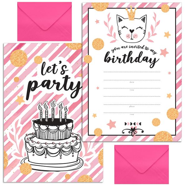 Birthday Invitations, Birthday Party Invitations, Invitations, Kids Birthday Invitations, Party Invitations, Birthday Party Invitations for Girls, Kitten Themed, 5 x 7 inches, Set of 20, Pink