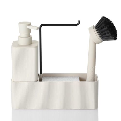 YAUKPH 4 in 1 Kitchen Soap Dispenser Set - Soap Dispenser Brush Sponge Holder Towel Rack (Striped Beige)
