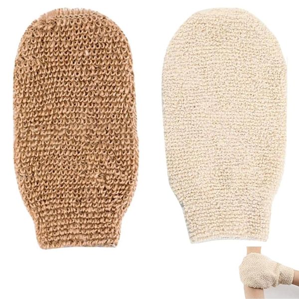 2 Pack Exfoliating Mitt, Exfoliating Ramie Wash Mitt, Natural Fiber Exfoliating Mitt, Loofah Ramie Fibers Bath Mitt, for Women and Men Lift-Away Dead Skin - Brown, Off White