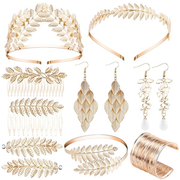 Sureio 12 Pieces Halloween Greek Goddess Costume Accessories Set Golden Leaves Bridal Hair Headband Hair Comb Coil Upper Crown Armband Dangle Earrings Bridal Headpiece for Wedding Party Accessories