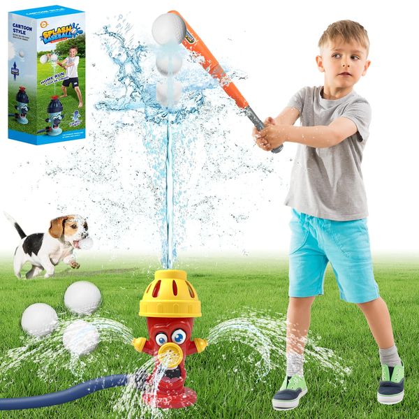 Upgraded Water Sprinkler Baseball Toy for Kids, 2 in 1 Sprinkler Baseball Toy Set with 3 Balls Spray Fire Hydrant Toys Summer Backyard Lawn Garden Game Party, Gifts for Boys Girls Age 3 4 5 6 7 8 9 10