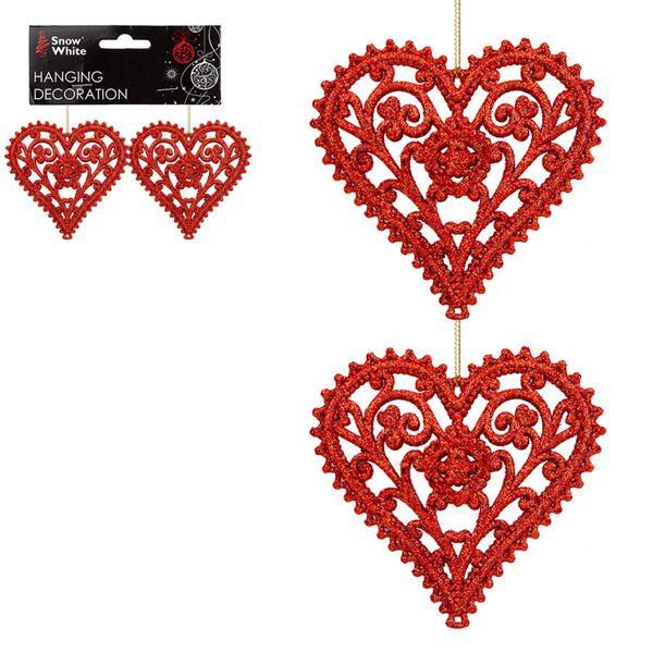 PMS Glitter Collection Christmas Tree Decoration - 2 Pk Heart Red