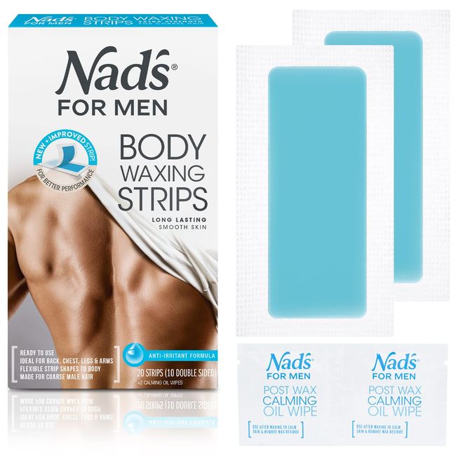 Nad's For Men Body Wax Strips - Wax Hair Removal For Men - At Home Waxing Kit With 20 Waxing Strips + 2 Calming Oil Wipes