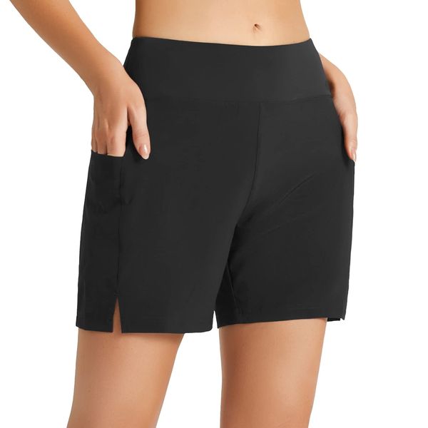 BALEAF Damen Badeshorts Bauchkontrolle Schwimmshorts Schnell Trocknend Hohe Taille Boardshorts Schwimmunterteil UPF50+ mit Taschen Schwarz M