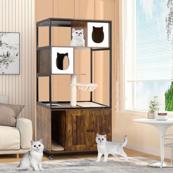 Petscosset Cat Litter Box Enclosure Cat Furniture on Wheels with Platforms