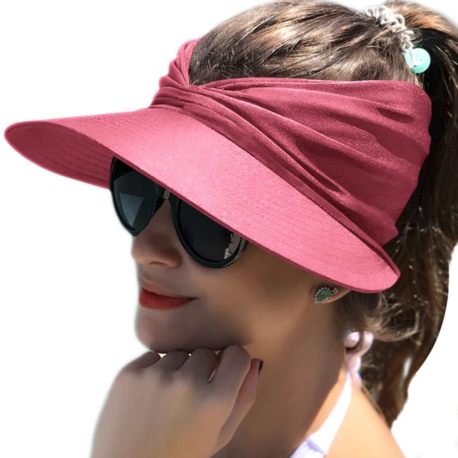 Baynetin Damen Visor Sonnenhut mit Großer Krempe, UV Protection Strand Sportmütze Strandhut Sommerhut,Sonnenvisorhüte für Frauen und Damen UV-Schutz (Rosenrot)