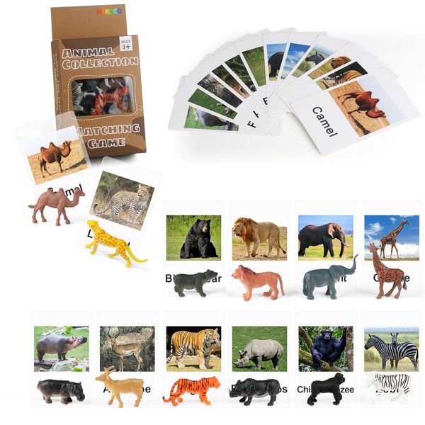 MEROCO 24pcs Safari Animal Flash Cards for Toddlers Zoo Animal Matching Game with Realistic Figurines Learning Flash Cards for Toddler Classroom Must Haves Science Toys for Kids Plastic Materials