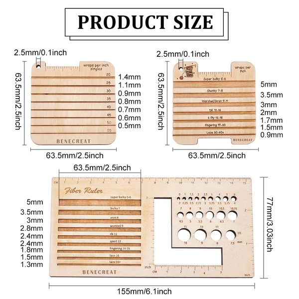 BENECREAT 3 Style Wood Knitting Needle Gauge and Ruler, Square Wood Spinning Control Card Knitting Tool for Spinners Yarn Measuring Tools Crochet Accessories