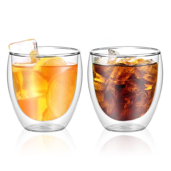 yiteng Tumbler Glasses, Double Wall Glasses, Cups, Heat Resistant Glass, Tumbler, Coffee Cup, Tea Cup, Stylish, Simple, Hot or Cold Insulated, Transparent, Set of 2 (250 ml)