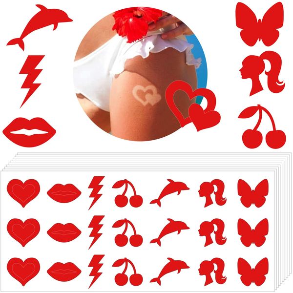 210 Pieces Tanning Stickers Sunbathing Tattoo Body Sticker Self Adhesive for Indoor Tanning Beds Heart Butterfly Lips Shaped