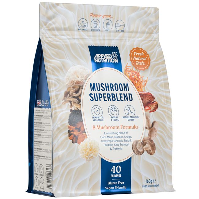 Applied Nutrition Mushroom Superblend - Lions Mane, Reishi, Chaga, Shiitake, Maitake, Tremella, Cordyceps Sinensis, King Trumpet | Vegan & Gluten Free (160g – 40 Servings)