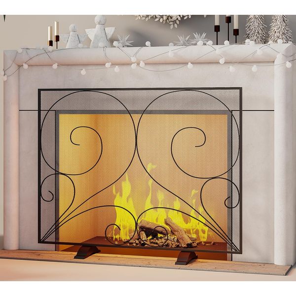 Single Panel Fireplace Screen Handcrafted Solid Wrought Iron Mesh, Heat-Resistan