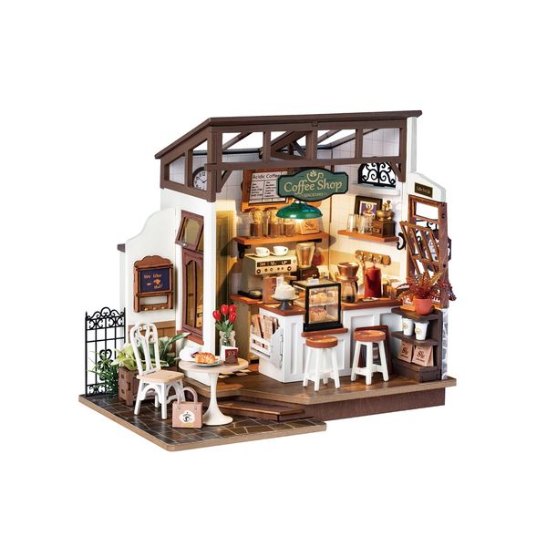 Rowood Miniature House Kit,DIY Miniature Dollhouse Kits for Adults to Build to Live in,Mayberry Street Miniatures,Wooden Adults Craft Kits,Mini Model Kits with LED,Birthday for Teens(NO.17 Cafe)