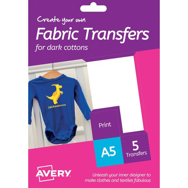 Avery HTT02 Printable Fabric Transfers for Dark Cottons, 1 Transfer Per A5 Sheet