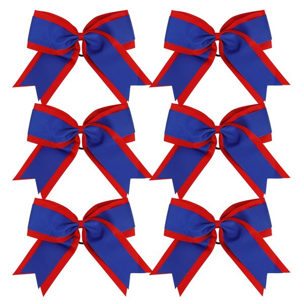 8 Inch 2 Colors Cheerleader Bows 2 Layers 6 Pcs Ponytail Holder Cheerleading Bows Hair Elastic Hair Tie (Red/Royal blue)