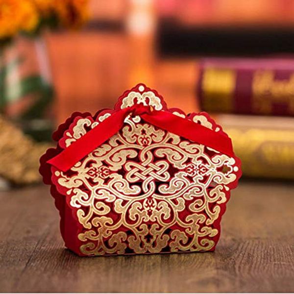 lucky star 50x Laser Cut Wedding Favor Boxes Candy Boxes Birthday Party Favor Boxes Baby Shower Chocolate Gift Boxes (red gold)