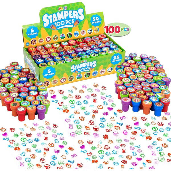 100 Pcs Assorted Stamps for Kids Self-Ink Stamps (50 Different Designs, Plastic Stamps, Stampers, Dinosaur Stampers, Zoo Safari Stampers) for Easter Egg Stuffers, Party Favor, Teacher Stamps