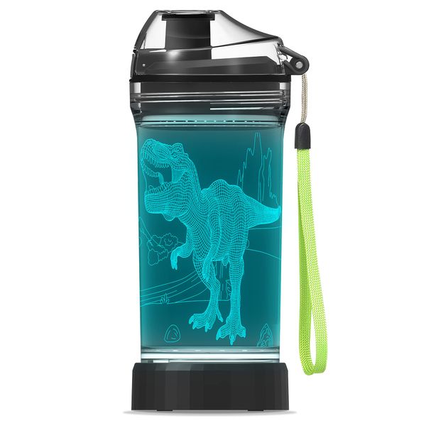 YuanDian Light Up Kids Water Bottle with 3D Dinosaur Tyrannosaurus Rex Design- 14 OZ Tritan BPA Free Eco-Friendly - Cool Drinking Cups Gift for School Kids Boy Girl Child Christmas Holiday