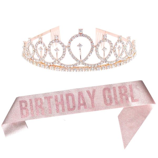 Birthday Girl Tiara and Sash Rose Gold Princess Crown Happy Birthday Party Supplies 5th 6th 7th 8th 10th 12th 13th 15th 16th 18th 20th 21st 30th 40th 50th Birthday Party Decorations