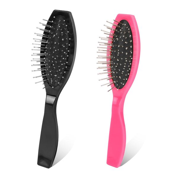 2 Pack Stainless Steel Wig Wire Brush, Portable Professional Wig Brushes Synthetic Hair Brush for Women and Men, Metal Wig Combs for Hair Extensions, Wigs Detangling, Barber, Beginner（Black, Rose Red）