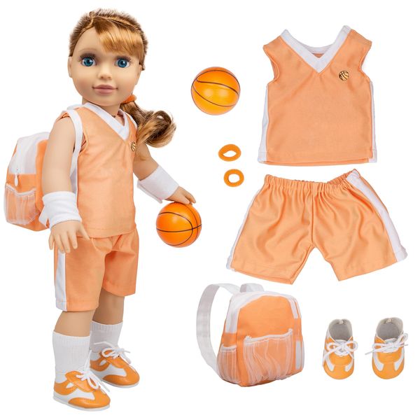 Girls Basketball Uniform Doll Clothes (8 Pc Set) - includes Basketball, Sneakers, Jersey, Shorts, Wristbands, Backpack - Handmade, Premium Outfit & Accessories- Compatible with 18" American Girl Doll