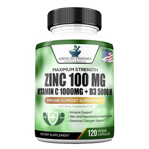 Zinc 100mg, Vitamin C 1000mg, Vitamin D 5000IU per Serving, Immune Support for Adults, Immune System Booster Supplements, Non GMO, No Filler, No Stearate, 120 Vegan Capsules, 60 Day Supply