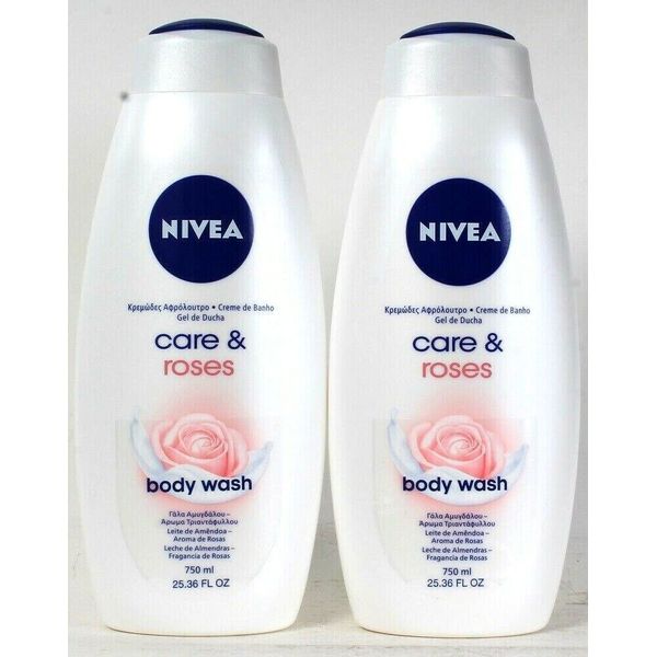 2 Bottles Nivea 25.36 Oz Care & Roses Skin Softening Almond Milk Body Wash