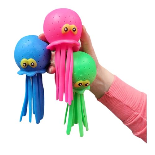 Cute Octopus Water Balls (7") Rubber Jellyfish. Bright Neon Colors: in Pink, Blue and Green. Squeeze and Splash Sensory Stress Relief Ball and Bath/Pool Toy (3 Pack)